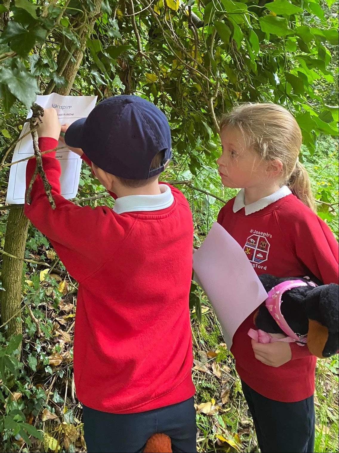 Two children in school doing a bark rubbing