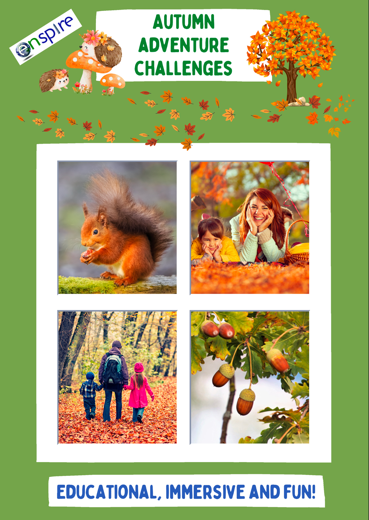 Cover of 'Autumn Adventure Challenges' PDF images of a squirrel, people in a park, and children in a forest.