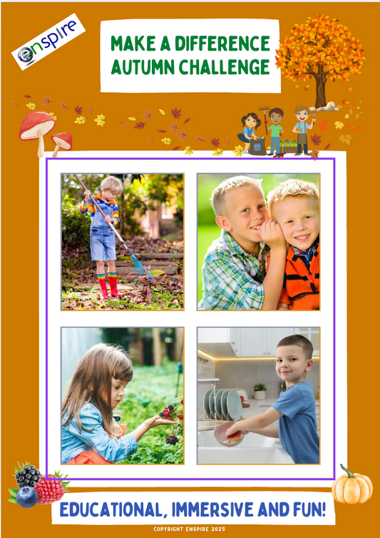 Cover of 'Make a Difference Autumn Challenge' with children engaging in activities on a brown background.